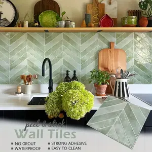 20pcs 3D Herringbone Self-Adhesive Wall Decor，Room Decor | Waterproof & Oil-Proof Peel and Stick Backsplash for Kitchen & Bathroom, Home Decoration | 11.4" x 9", Easy to Clean-Light Green