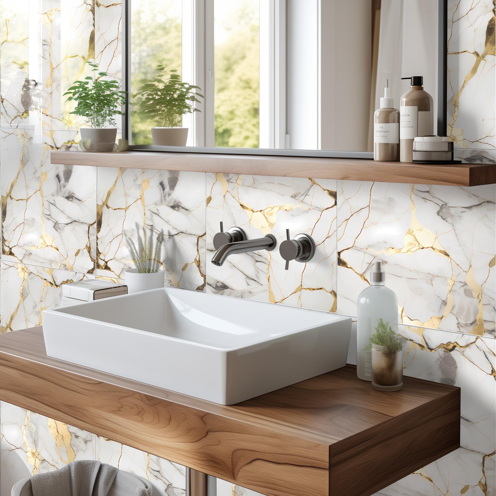DEWOO Self-Adhesive Wall Stickers — Featuring a 3D dimensional effect. Stain-resistant, splash-proof, scratch-resistant, and highly durable; the perfect aid for renovating rental spaces，Marble-Patterned Wallpaper