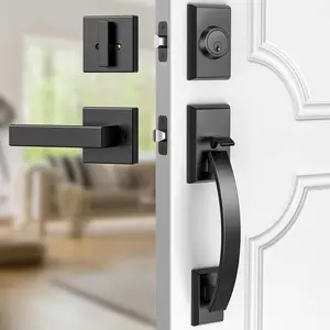Front Door Lock Set, Black Front Door Handle and Deadbolt Set Adjustable, 12.7in Heavy Exterior Entry Handle Reversible