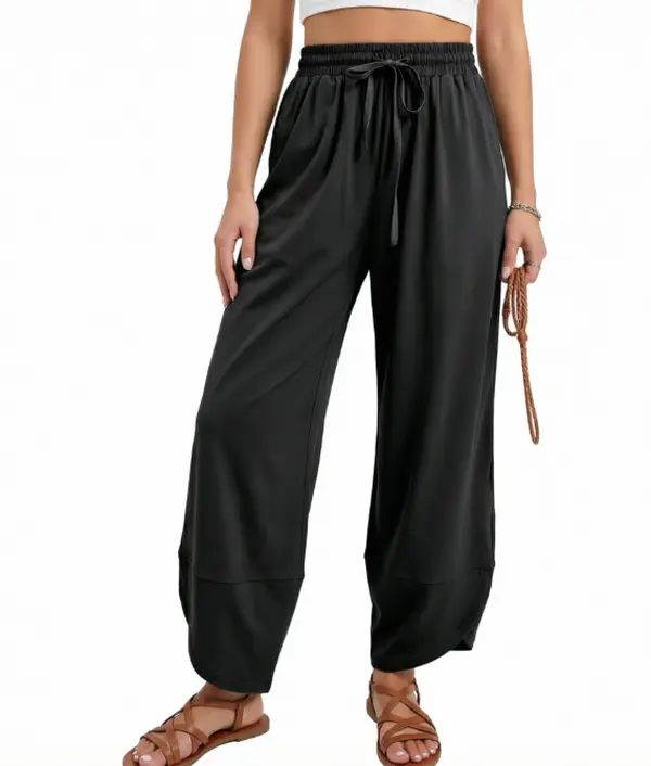Duyang Women Vacation Pants High Waisted Elastic Drawstring Tapered Leg Tulip Hem Pant Lounge Baggy Palazzo Pants with Pockets