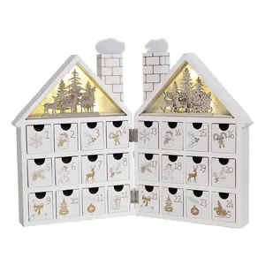 PIONEER-EFFORT Christmas Wooden Advent Calendar House with 24 Drawers and Led Lights Countdown to Christmas Decoration (White Forest)