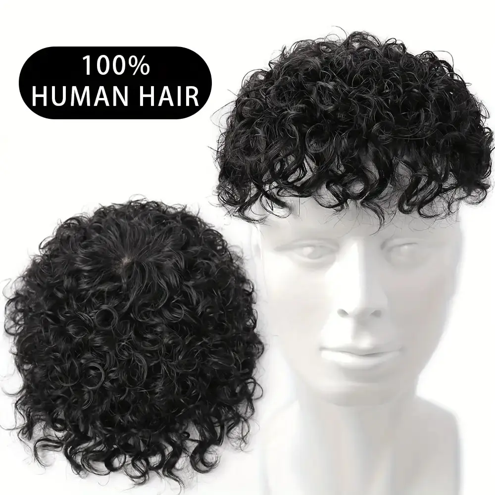 New 2025 Arrivals Men'S Human Hair Wig Cap - 4-Inch Natural Curly Hairpiece for Hair Loss, White Cover & Bald Spots, Black & Dark Brown, Sporty Style, ComfortFit for Lifestyles, Hairpiece for Bald Head, Lifestyle Hair, Sporty Hairpiece, Secure Fit Wig
