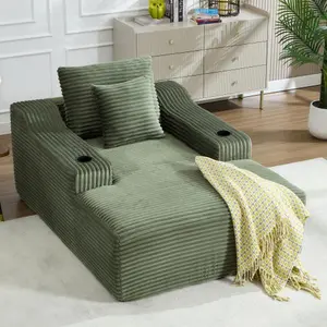 46.46''Chaise Lounge Chair Indoor, Corduroy Upholstered Sleeper Sofa Chair Bed with 2 Pillows and 2 Cup Holders, Comfy Boneless Sofa Couch Bed for Living Room Bedroom, No Assembly Required, Green