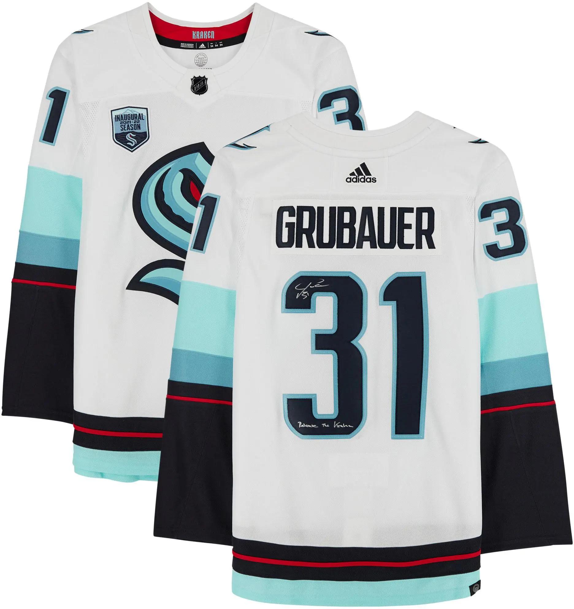 Philipp Grubauer Seattle Kraken Autographed White Adidas Authentic Jersey with "Release The Kraken" Inscription and Inaugural Season Jersey Patch - Fanatics Authentic Certified