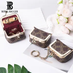 Royal Bagger Genuine Cow Leather Mini Jewelry Box Women's Coin Purse Solid Color Kiss Lock Change Pouch Casual Style Small Storage Bag for Women 5894