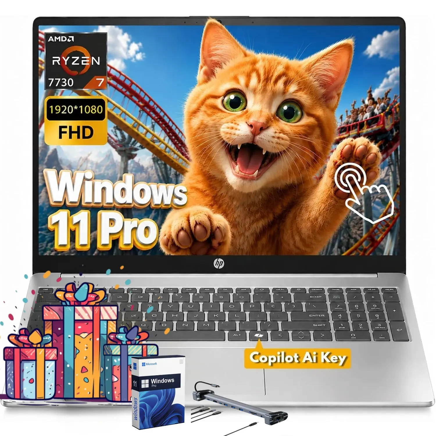 HP 15.6" FHD Touchscreen Laptop with FHD Display, AMD Ryzen 7 7730U, Up to 32GB RAM, 1TB SSD, Copilot AI Key, WiFi 6, Fast Charge, Multiple Ports, Windows 11 Pro, Portable for Business | Bundle Accessories Included