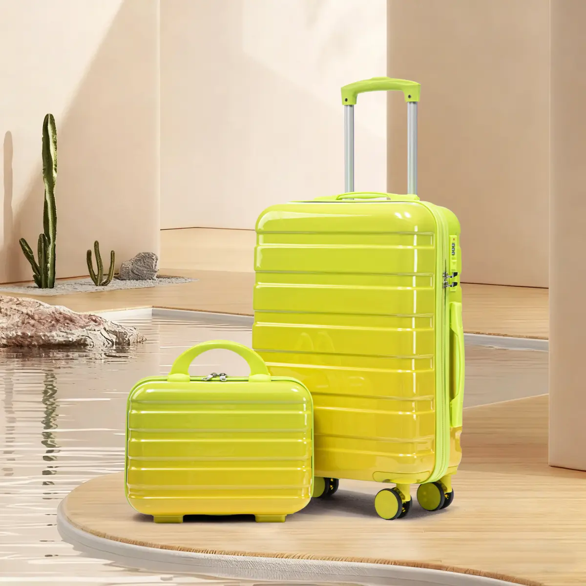 14"/20" 2 Pcs PC Spinner Wheel Luggage Set, Gradient Color Carry On Suitcase with Matching 14" Cosmetic Case, Combination Lock, Yellow & Green