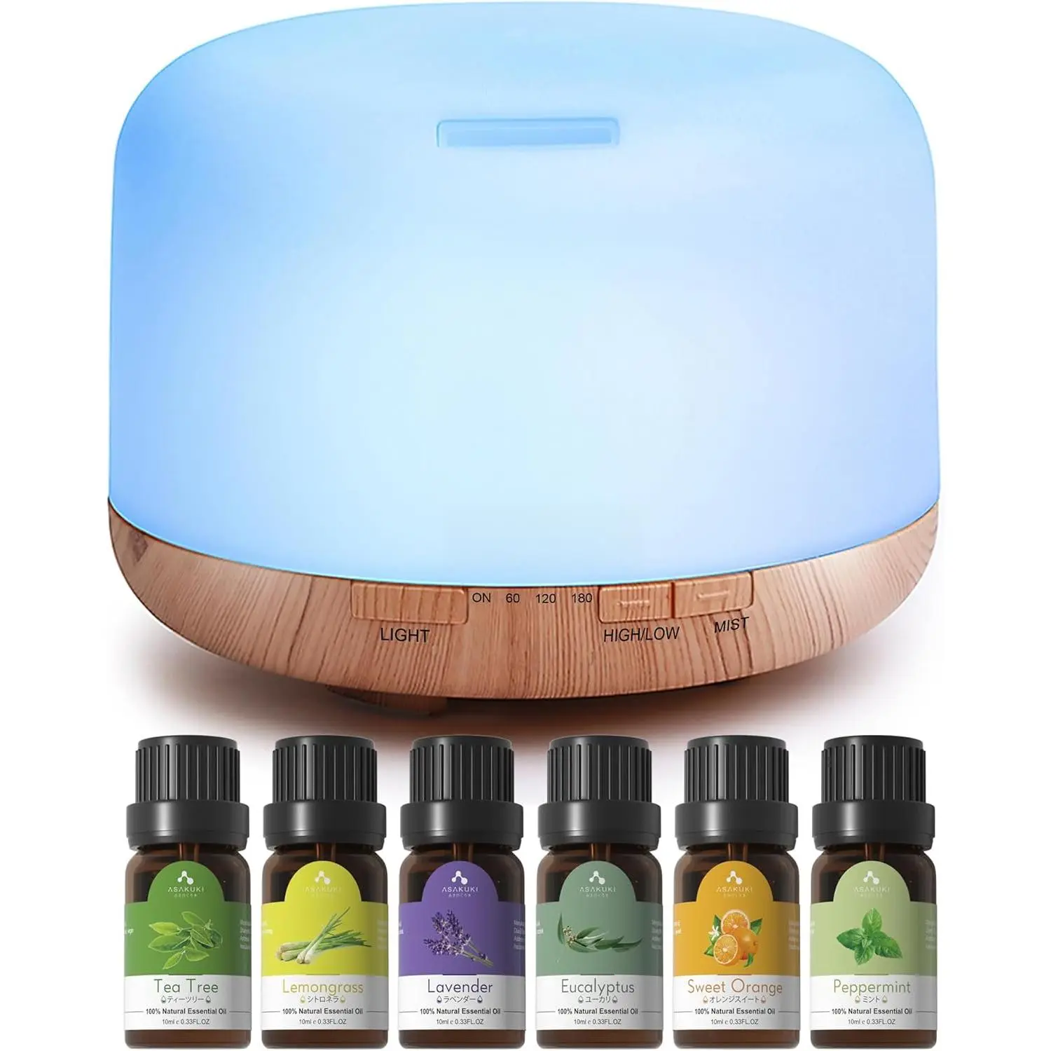 500ml Essential Oil Diffuser Set Aromatherapy Humidifier with 14 LED Colors and Auto Shut-Off Function - 6 Essential Oil Gift Set (Lavender, Eucalyptus, Tea Tree, Orange, Peppermint, Lemongrass)