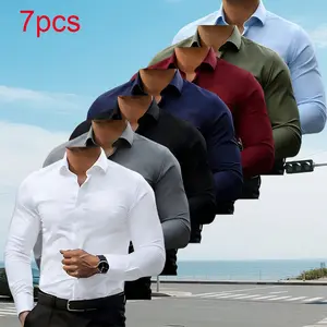 Pack of 7 men’s stretch dress shirts: short-sleeve slim fit for business casual wear; button-front design; muscle fit version. Men’s dress shirt gift for Dad. Quick-dry striped polo set. Four-Sided Wrinkle-Free,summervibes