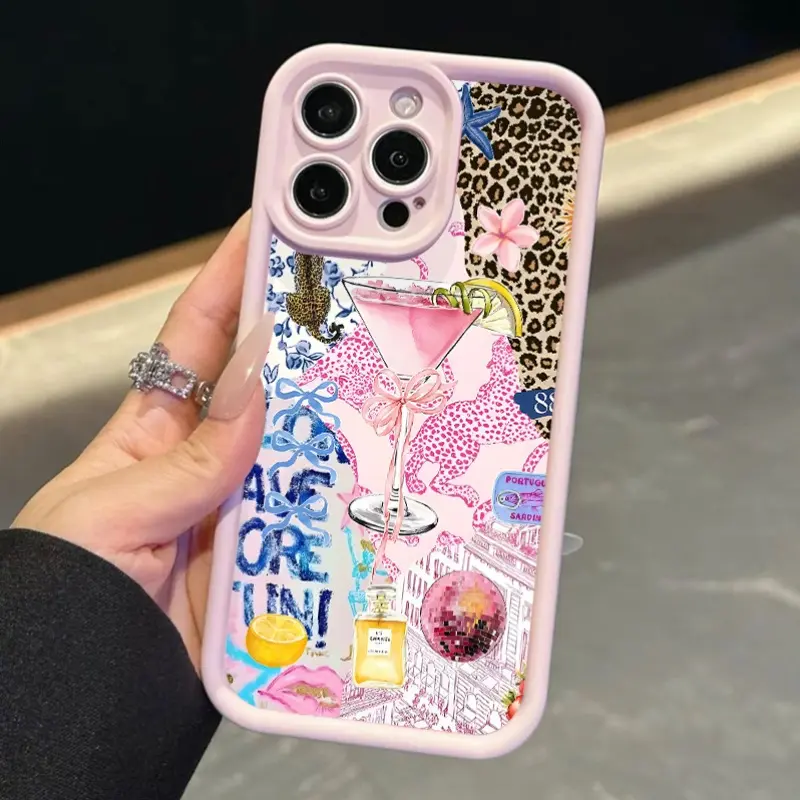 Pink Leopard Cocktail Collage Pattern Smartphone Case - 1pc Soft TPU Protective Casing for iPhone 16/15/14/13/12/11/X Pro Max Plus, Phone Protection Accessory