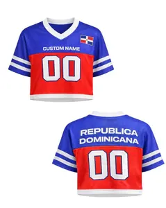Dominican Flag Crop Top Women Button Up Jersey, Custom Name number Shirt, Dominican Republic Baseball Fan Jersey (All-over Print Crop Top Football Jersey)