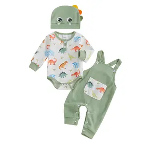 Newborn Baby Boy Dinosaur Outfit Long Sleeve Romper + Overalls Long Pants + Cute Hat Infant Fall Spring Clothes