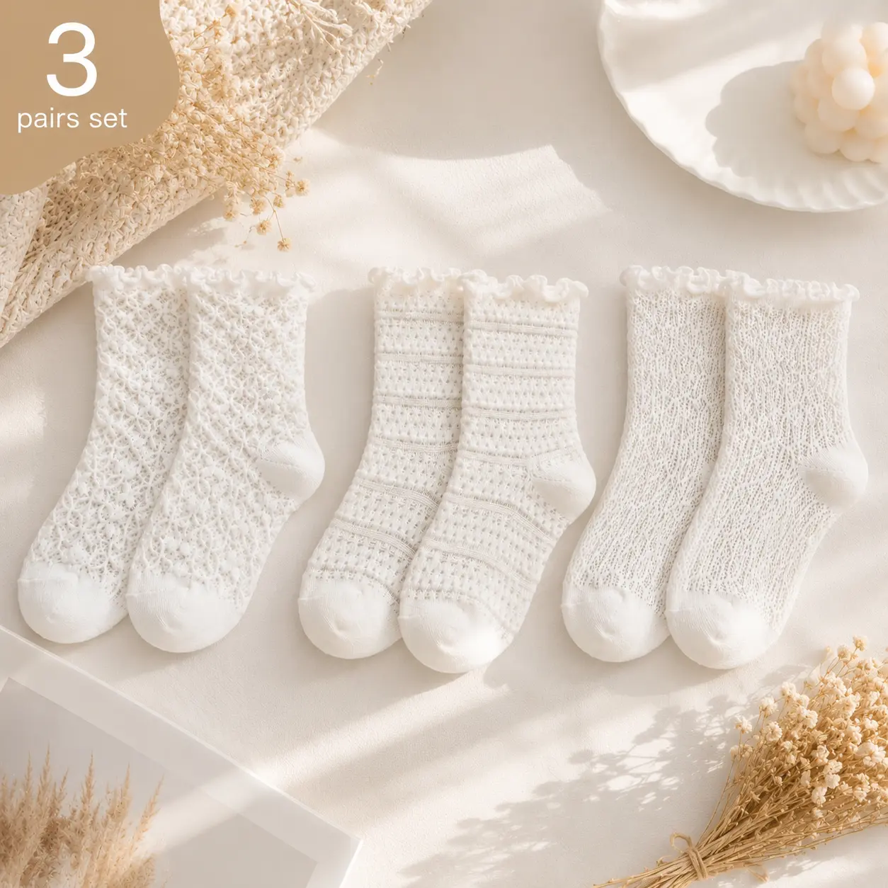 Women's 3 Pairs Vintage Lace Crew Socks - Feminine Cute Ruffle Cuff, Soft Breathable Casual Ballet, White Scrunch Floral Patterned Comfortable Cottagecore