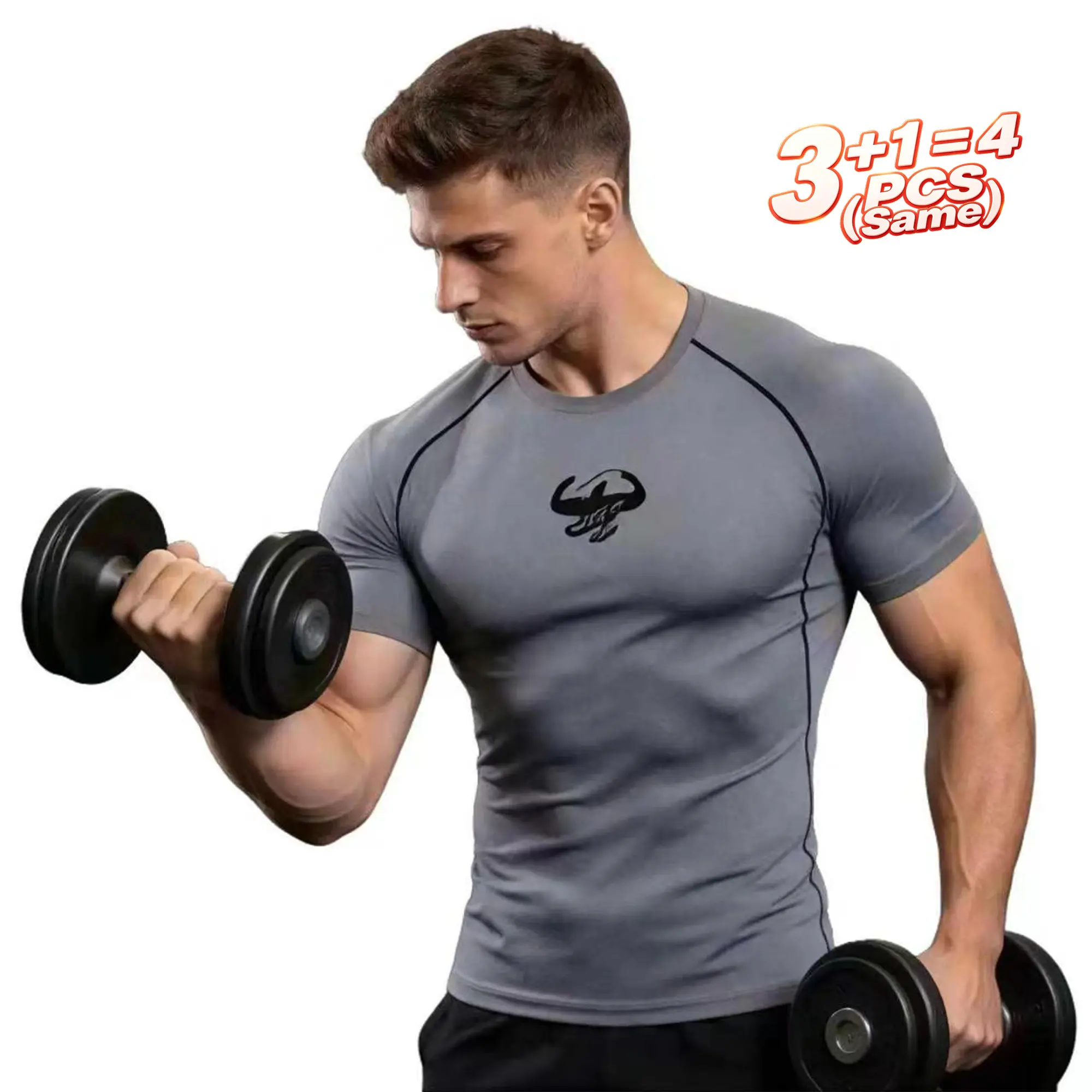 Buy 3 Get 1 Free 4-Pack Men’s Gray Compression Gym T-Shirts, 100% Polyester with slight stretch, quick-dry muscle fit athletic workout tees, sizes S–3XL, fast direct shipping from the USA #GymTok #FitTok #WorkoutEssentials #MensActivewear Menswear Outfit