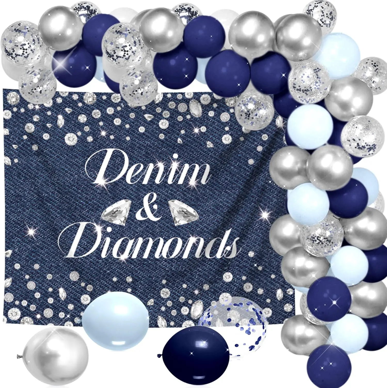 Denim & Diamonds Party Decorations - 60x48 Inch Backdrop, 5 Dark & Light Blue, 5 Silver Balloons, Sparkling Diamond Design for Bachelorette, Birthday, Wedding Decor Banners Sequin