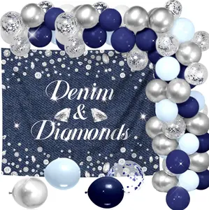 LaVenty Denim & Diamonds Party Decorations - 60x48 Inch Backdrop, 5 Dark & Light Blue, 5 Silver Balloons, Sparkling Diamond Design for Bachelorette, Birthday, Wedding Decor Banners Sequin