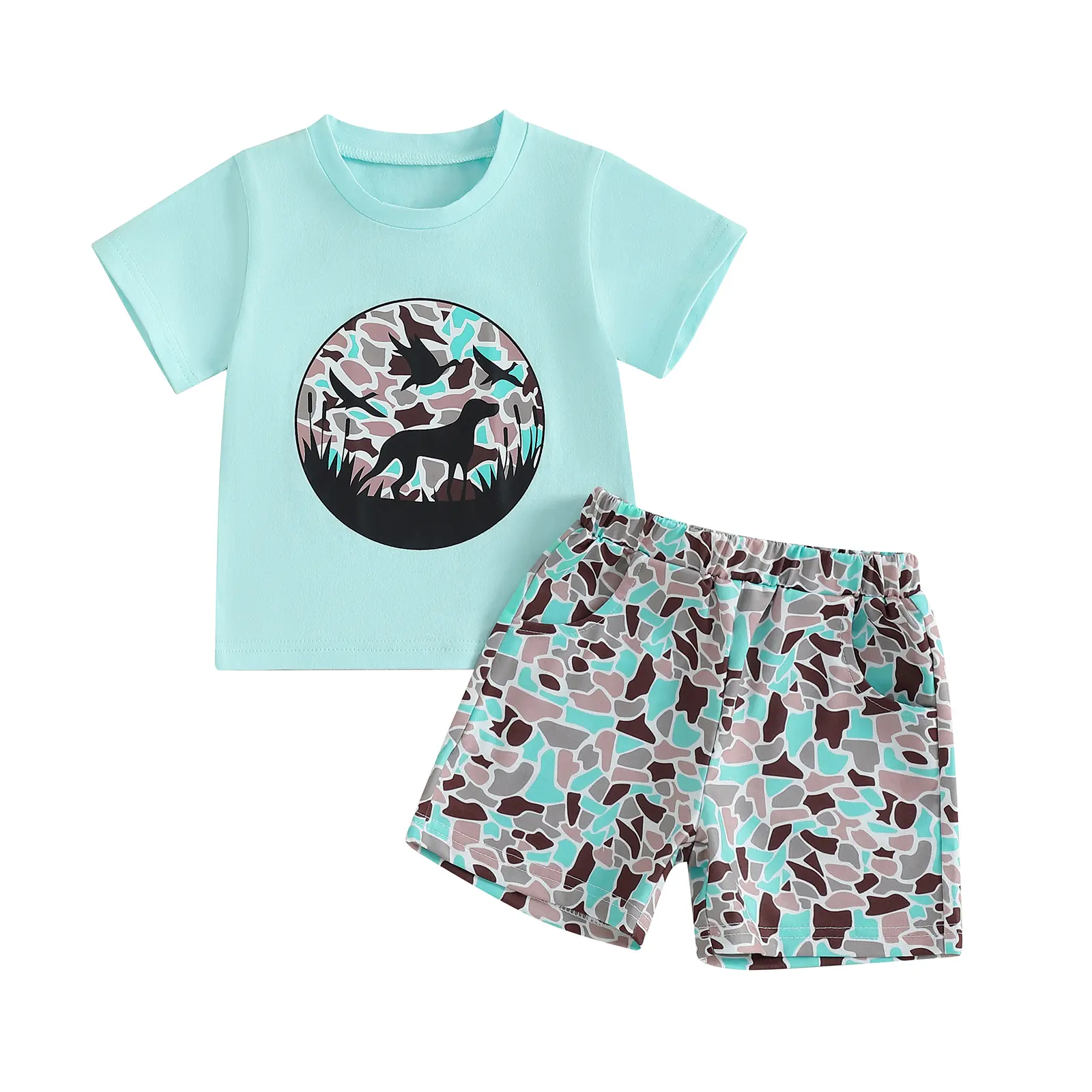 Toddler Baby Boy Duck Hunting Summer Clothes 6 12 18 24 Months 2T 3T 4T Mallard Duck Dog T Shirt Elastic Waist Pocket Camouflage Shorts Outfits