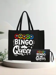Women's Bingo Themed Linen Tote Bag With Wallet, Comes With Detachable Strap, Commuter Handbag, Printed With Bingo Queen Pattern, Suitable For Travel And Beach, Multifunctional Portable Tote Bag, Great For Teachers, Fashionable Tote Bag, Stylish Tote Bag