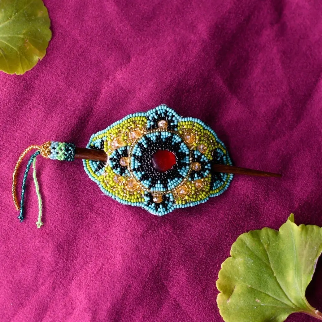 Dragon Girl - Native Beaded Hair Barrette with Teal & Green Design - Handmade by Huichol Artisans - Mother Sierra