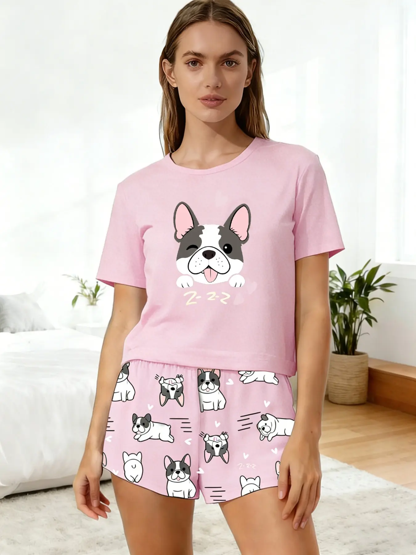 Women's Summer Short Sleeve Shorts Dog Digital Print Pajama Set, Comfortable Skin-Friendly, Cute Style