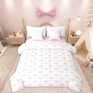 Girls 7 Pieces Pink Bow Comforter Bed Set,Bed Bag with Sheets,Love Heart Cute Bedding Set,Kawaii Bowknot Soft Coquette Bedding White and Pink Bed Set