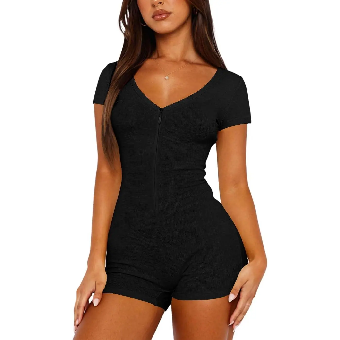 LEEDYA Womens Zipped up Jumpsuits Sexy V Neck One Piece Romper Casual Short Sleeve Sleepwear Summer Cute Slim Shorts Pajamas