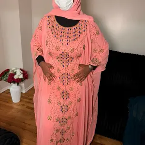 Hand Beaded Luxury Abaya in Soft Coral Pink with Intricate Floral Embroidery and Matching Hijab