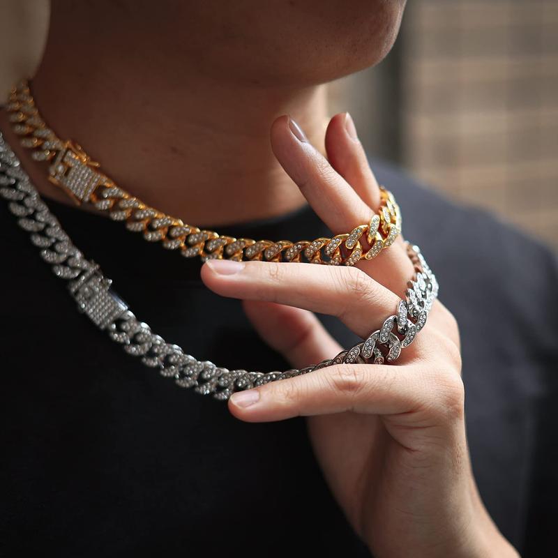 Cuban Link Chain Mens Iced Out Miami Cuban Necklace Silver/Gold Bling Diamond Hip Hop Jewelry for Women