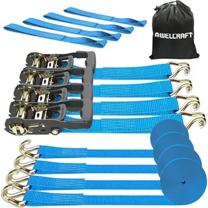 Ratchet Straps (4PK) - 4500lbs Strength 1.5''*15' Straps with Padded Handles, J & Soft Loops for Moving Motorcycle, Trailer & Trucks (Blue)