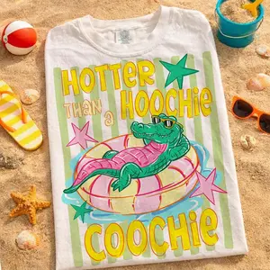 Women's T-Shirt, Hotter Than A Hoochie Coochie, Summer Alligator, Striped Preppy, Funny Gator