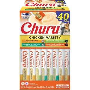 INABA Churu Cat Treats Chicken Variety – 40 Tubes 0.5 oz Grain-Free Lickable Creamy Purée with Taurine