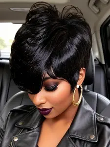 Elegant Pixie Cut Human Hair Wig for Women - Short Straight Style with Bangs, full Machine-Made Rose Net Cap