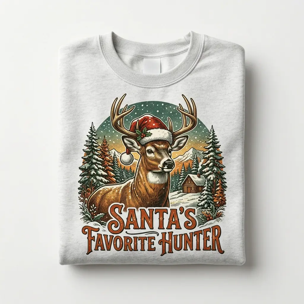 Women's Graphic Pullover Sweatshirt, Santa's Favorite Hunter Christmas Print, Casual Long Sleeve Cotton Blend Tops, Hoodie, Fitted, Thanksgiving, Valentines Day, Longsleeves, Digital Print, Polyester, Medium Length, Lady, Halloween, Hand Wash Only, Crew N