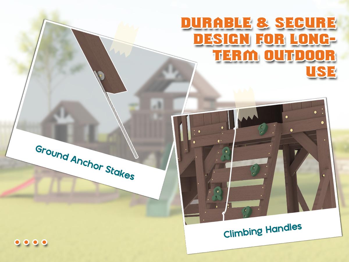 ALBOTT 3 Different Size Wooden Swing Set for Kids, Large Outdoor Wood Playhouse with Double Towers, Wave Slides, Swings, Climbing Wall & Ladder, Backyard Playground for Ages 3–8