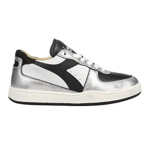 diadora Mens Mi Basket Low Metallic Dirty Lace Up Sneakers Shoes Casual - Black, Silver, White