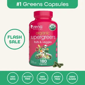 Zena Nutrition Organic Supergreens Capsules USDA Certified Zero Sugar Non-GMO Gluten-Free Vegan-Friendly 180 Capsules for Daily Wellness with 70+ Superfood Ingredients