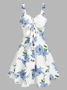 Women's Fashion Summer Dresses 2025 Floral Print Vacation Sundress Garden Party Dress Smock Back Ruffled Bowknot Mini Dress
