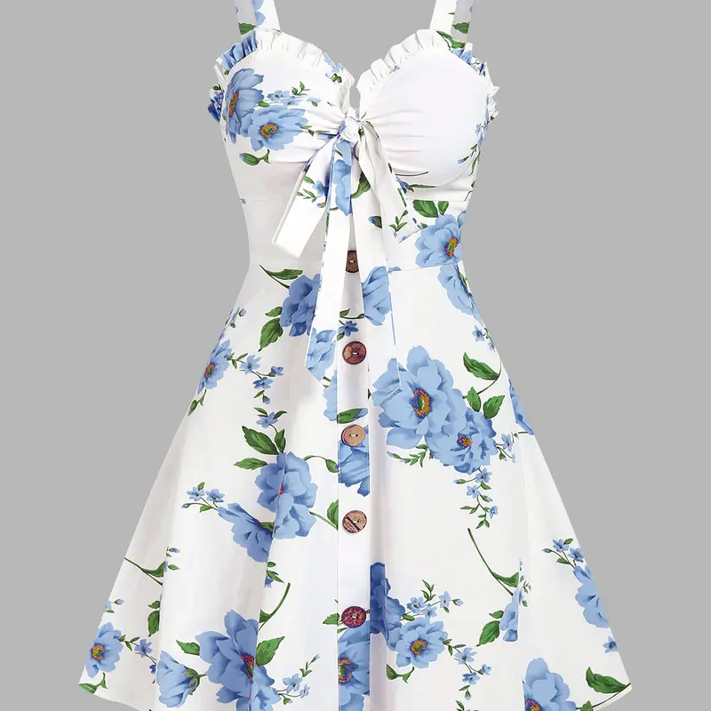 Women's Fashion Summer Dresses 2026 Floral Print Vacation Sundress Garden Party Dress Smock Back Ruffled Bowknot Mini Dress