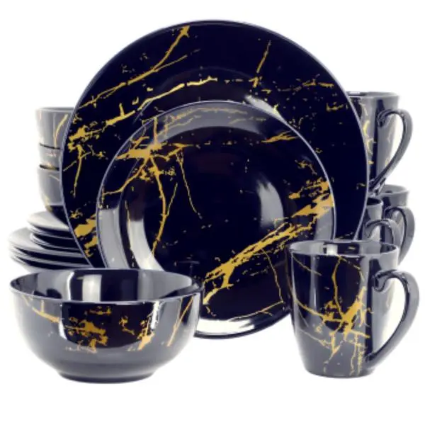 Elama EL-FINEMARBLE-DB-GLD Fine Marble Porcelain Dinnerware Set in Dark Blue with Gold Veining - 16 Piece
