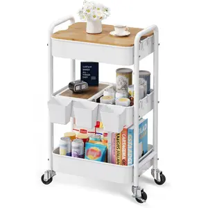 3 Tier Rolling Cart with  Table Top, White Bedside Cart  Lockable Wheels, Metal Utility Storage Organizer Carts for Kitchen, Art, Craft, , Salon, Lash, , Bathroom,  Diaper
