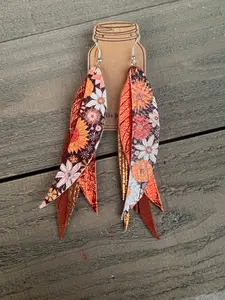 Orange Boho Flower Stacked Fringe Feather Earrings
