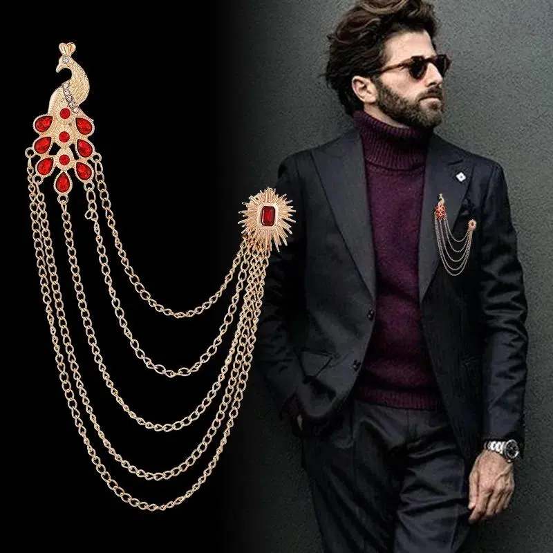 New Retro Copper Peacock Brooch Pin - Tassel Chains & Crystal Corsage, Luxury Jewelry for Men’s Formal Suit, Shirt Collar Accessory, Peacock Motif, Suit Wear