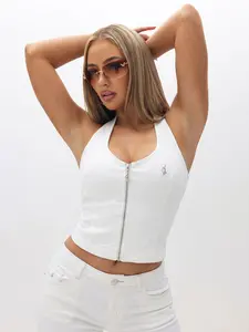 MISSGUIDED Women Stretch Denim Zip Front Halter Neck Crop Top Summer Festival Casual Sleeveless White Tank