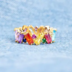 Multicolor Ring, Baguette Cut Ring, Vibrant Full Eternity Band for Women, Emerald Shape Cubic Zirconia Statement Ring, Wedding Ring Band for Her, Bright Jewelry, Rainbow Themed Presents