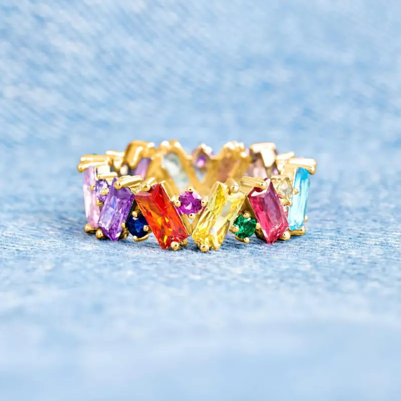 Multicolor Ring, Baguette Cut Ring, Vibrant Full Eternity Band for Women, Emerald Shape Cubic Zirconia Statement Ring, Wedding Ring Band for Her, Bright Jewelry, Rainbow Themed Presents