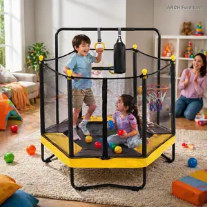 54-Inch Kids Rebounder Trampoline with Enclosure, Adjustable Gymnastics Bar, Ring, Basketball Hoop, Boxing Bag & Ocean Balls, Indoor-Outdoor Sports & Outdoor Fitness Accessory for Ages 1-8