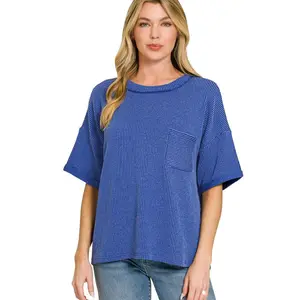 Zenana Raised Rib Front Pocket Cuff Sleeve Top
