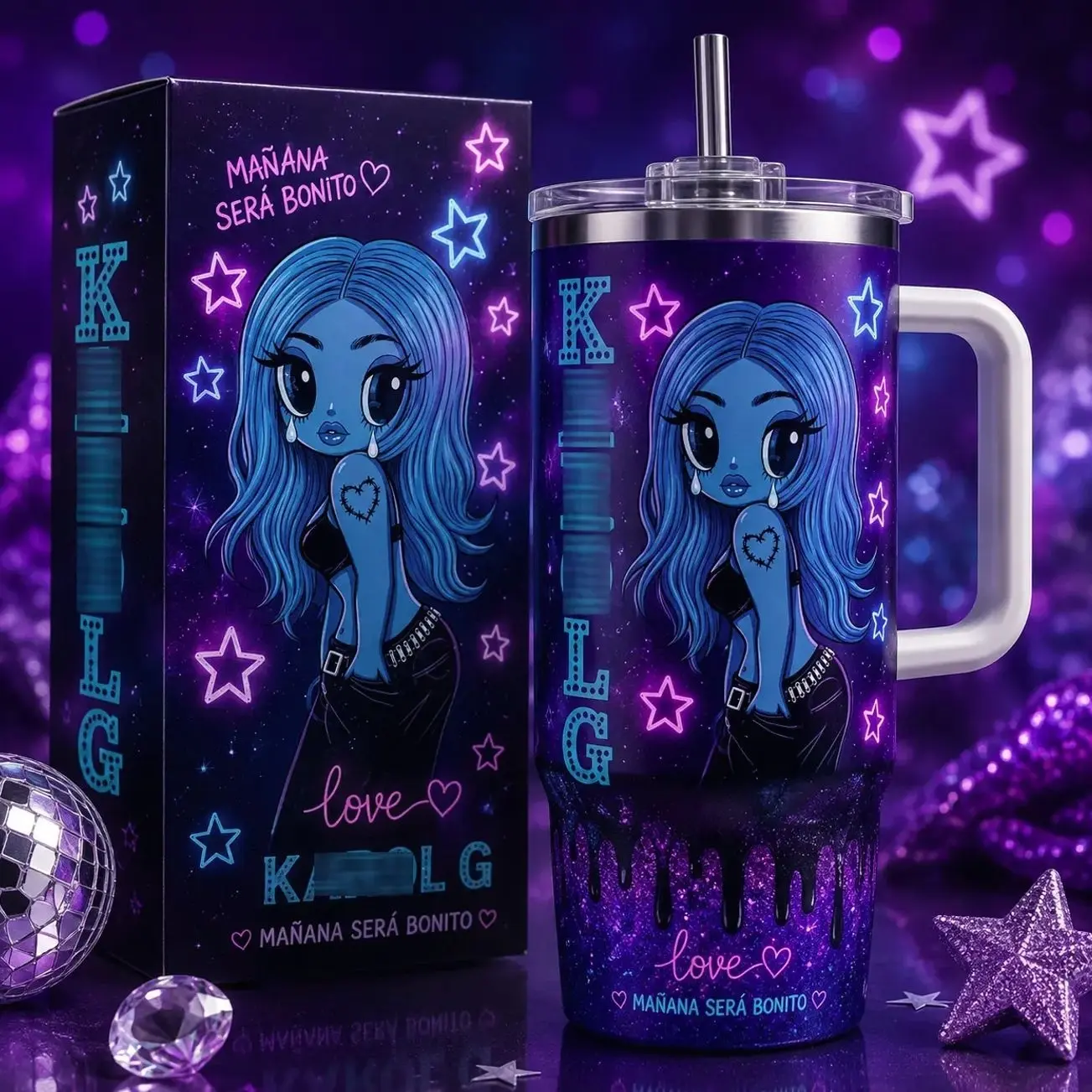 Vintage No Me Arrepiento de Sentir Tanto Tumbler Cup, Blue Cartoon Singer Inspired Tumbler, 40oz Insulated Stainless Steel Travel Mug with Straw, Glitter Fan Gift, Concert Drinkware, Birthday Gift