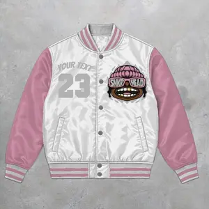 Soft Pink Anniversary Varsity Jacket, Oversized Character Graphic Bomber, Pastel Aesthetic Streetwear, Art Collector Gift Idea