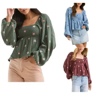 Women Floral  Embroidered Countryside Style Top, Pleated Design, High Elasticity, Casual Hundred Tower Temperament Suitable For Daily Wear